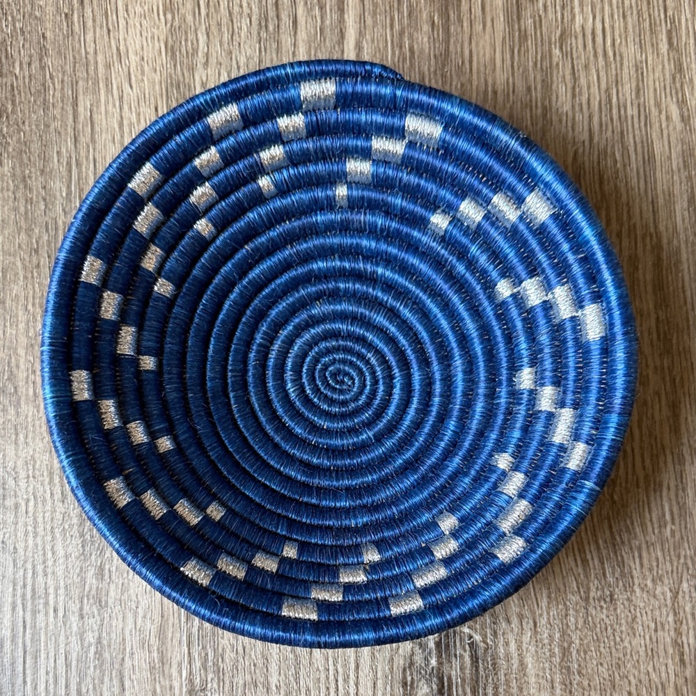 Blue and Silver Metallic Handwoven Rwandan Basket